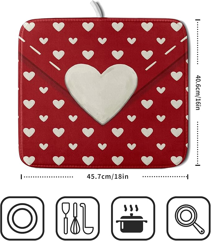 Valentines Day Dish Drying Mat for Kitchen Counter 16x18 Cream Red Love Heart Valentines Holiday Themed Absorbent Reversible Microfiber Drying Mats Kitchen Countertop Protector Dishes Drainer Pad