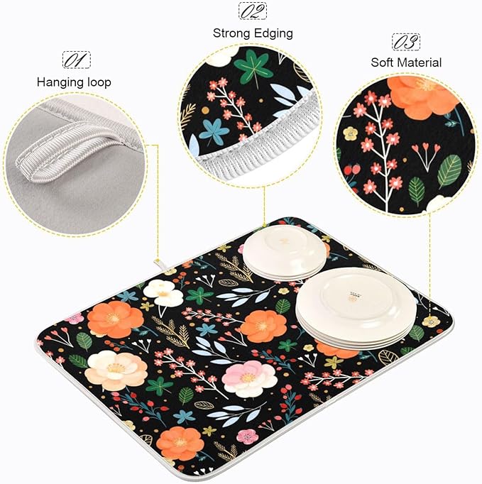 Large Drying Matt for Kitchen Counter Colorful Flowers Microfiber Dish Drying Pad for Dishes Sink Countertop 18'' x 24''