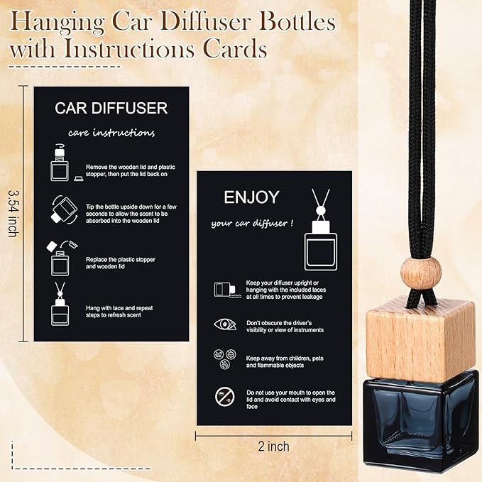 DaisyInner 150 Sets Car Diffuser Bottles Empty Bulk Hanging Car Air Freshener Diffuser Bottles Bulk Glass Perfume Holder with Instruction Cards for Essential Oil Fragrance Pendant(Square,Black)
