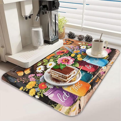 Dish Drying Mat for Kitchen Counter 2 Pack with Non-Slip Rubber Backing - Heat-Resistant Absorbent Coffee Bar Mat, Dish Rack Mat, Farmhouse Floral Wooden Board Dish Drying Mats 18x24+19.5x12 inch