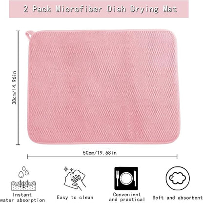 2 Pack Microfiber Dish Drying Mats with Hanging Loop, 20*15 Inch Absorbent Dish Drainer Kitchen Counter, Solid Color Dish Drying Pad for Countertops, Sinks, Draining Racks (Pink)
