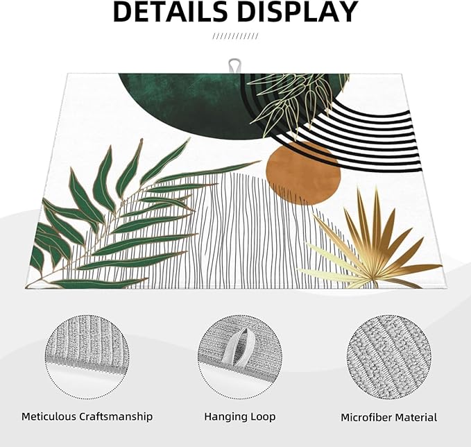Mid Century Dish Drying Mat 18x24 Inch Boho Green Gold Tropical Leaf Sunset Kitchen Decoration Drying Mat Modern Abstract Decorative Drying Pad for Home Kitchen Decor,Dining Room,Office