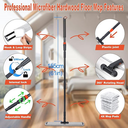 24in Flat Mop for Cleaning Floors, Heavy-Duty Microfiber Wet Mop with Easy Wringing & Deep Cleaning, Includes 4 Reusable Mop Cloths and Adjustable Long Handle