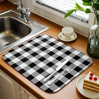 Dish Drying Mat Black Check Plaid Drying Matt for Kitchen Counter Farmhouse Style Absorbent Microfiber Quick Dry Mats Dishes Drainer Home Decorations 16x18 inch
