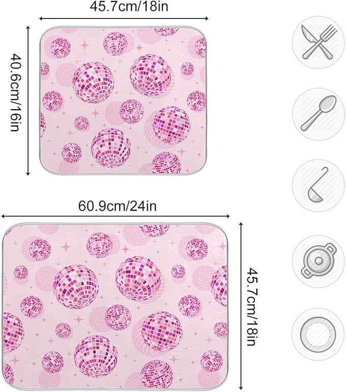 Disco Balls Pink Dish Drying Mat for Kitchen Counter Absorbent Microfiber Drying Pad, Medium 16x18 in, Reversible Drainer Mats