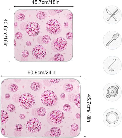 Disco Balls Pink Dish Drying Mat for Kitchen Counter Absorbent Microfiber Drying Pad, Medium 16x18 in, Reversible Drainer Mats