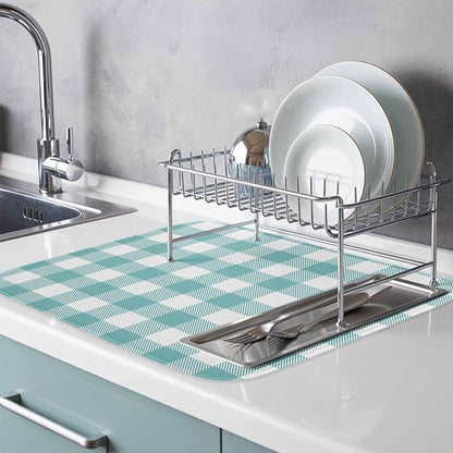 Dish Drying Mat Teal Green White Check Plaid Drying Mats for Kitchen Counter Farmhouse Style Absorbent Microfiber Dish Drainer Quick Drying Coffee Mat with Hanging Loop, 18 x24 inch