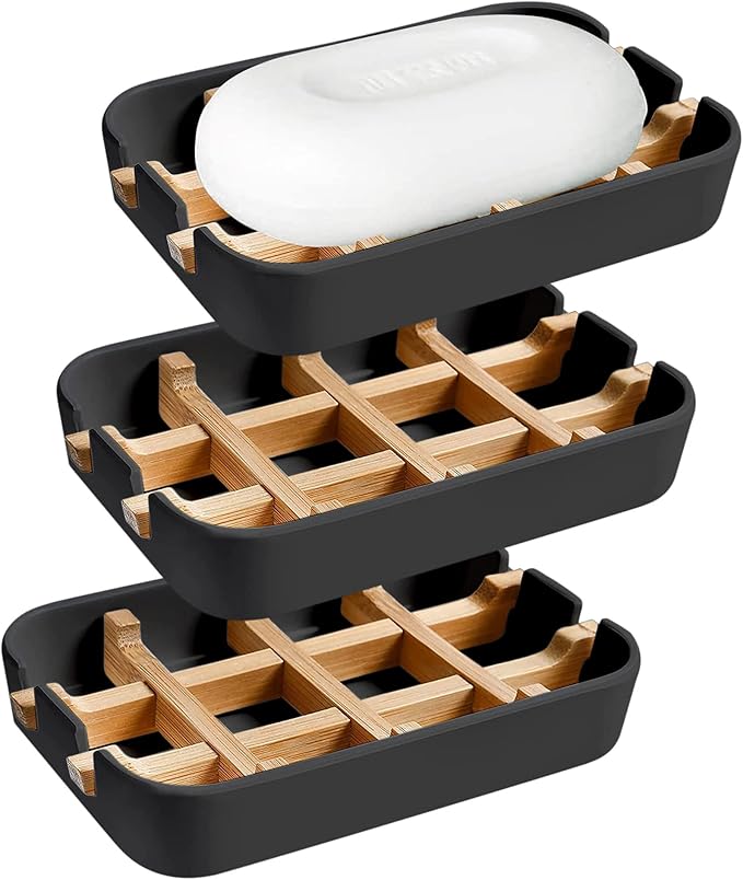 Aoheuo Modern Bamboo Fiber soap Holder and soap Dish Combination (Removable),5.12 Long by 3 Wide, 0.98 inches high, Used in Kitchens, bathrooms, and bar Sinks (Black(3 Pack))