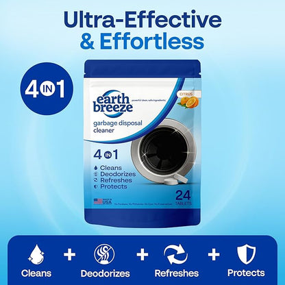 Earth Breeze Garbage Disposal Cleaner Tablets – 4-in-1 Citrus Scented Tablets that Clean, Deodorize, Refresh & Protect – Powerful Cleaning Action for Sink & Disposal – No Harsh Chemicals - Made in USA