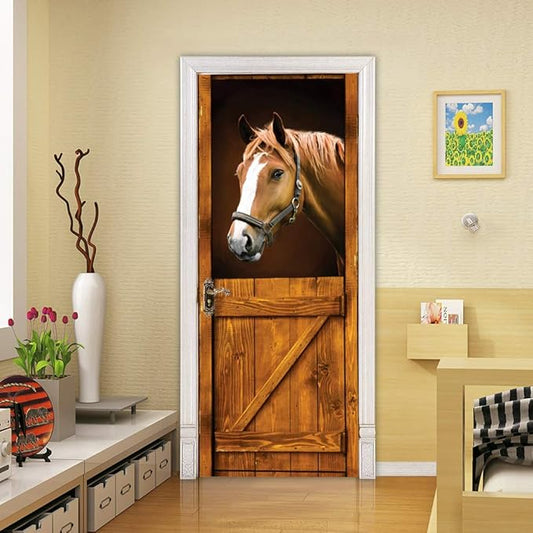 Horse 3D Door Stickers Murals - Peel & Stick Waterproof Washable Matt Finish Rustic Brown Animal Print Rectangular Wall 33.9" x 78.7"