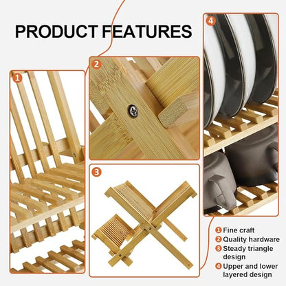 KKTONER Bamboo Dish Drying Rack 2 Tier Foldable Plate Organizer Collapsible Plate Organizer Holder for Kitchen Countertop (Natural)
