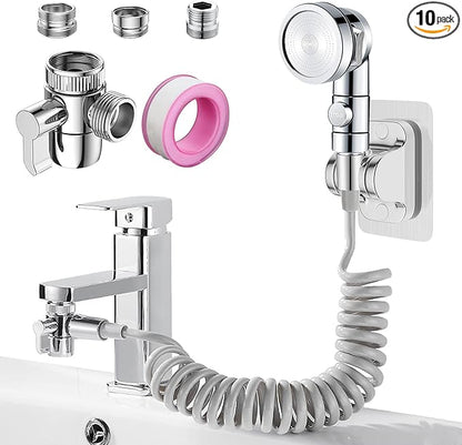 Sink Faucet Sprayer Attachment Set, Kitchen Bathroom Pet Bathing Shower Head with 9.8ft Hose and G1/2, 55/64", 15/16" Faucet Adapters, Hair Washing, Dog Shower and More