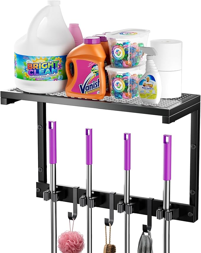 Heavy Duty Broom Holder Wall Mount with Cleaning Supplies Organizer, Space-Saving Laundry Room Organization and Storage Shelves, All-Metal Mop Hanger Broom Rack with Hooks, Garage Organizer Shelf