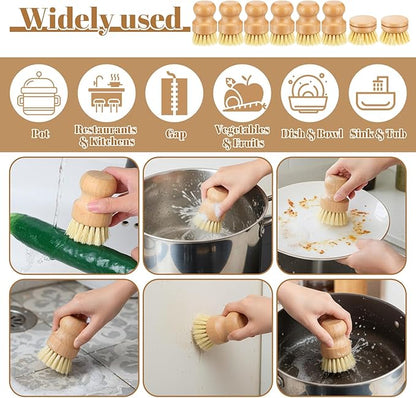 Bamboo Dish Brush Set, 9 Pack Kitchen Natural Wooden Cleaning Scrubbers Set Washing Dish Brush Scrubber with Natural Sisal Bristles for Household Cleaning Vegetables