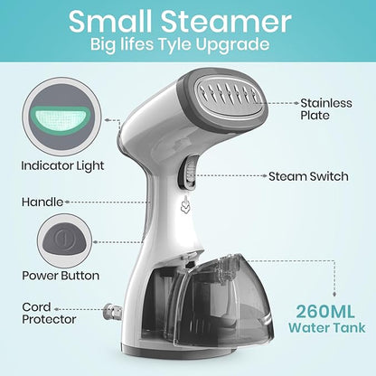Steamer for Clothes 1500W，30S Fast Heat Plancha a Vapor Para Ropa, 260ML Water Tank Clothing Garment Fabric Iron Travel Steamer Handheld Portable for Wrinkles (White)