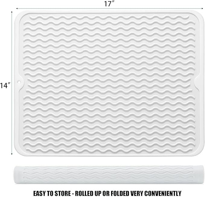 Large 17" x 14" Silicone Dish Drying Mat for Kitchen Counter, Easy clean, Quick Dry, Heat-resistant Dish Drainer Mat for Sink,Refrigerator or Drawer liner (Food Grade Silicone-White)