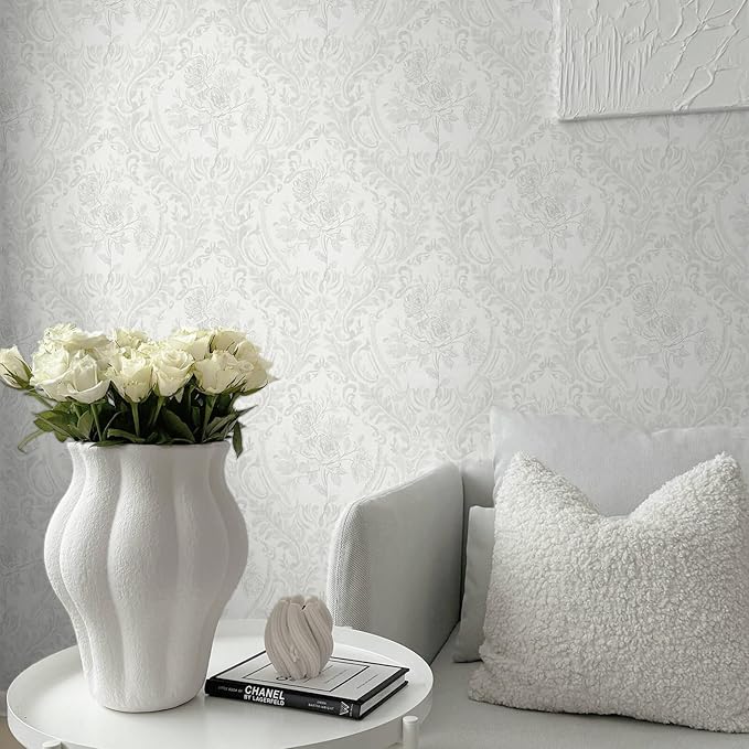 Ismoon Floral Peel and Stick Wallpaper Grey Contact Paper Boho Watercolor Damask Wallpaper Vintage Textured Removable Self Adhesive Vinyl Wall Paper Renter Friendly, 17.3 in X 32.7 ft