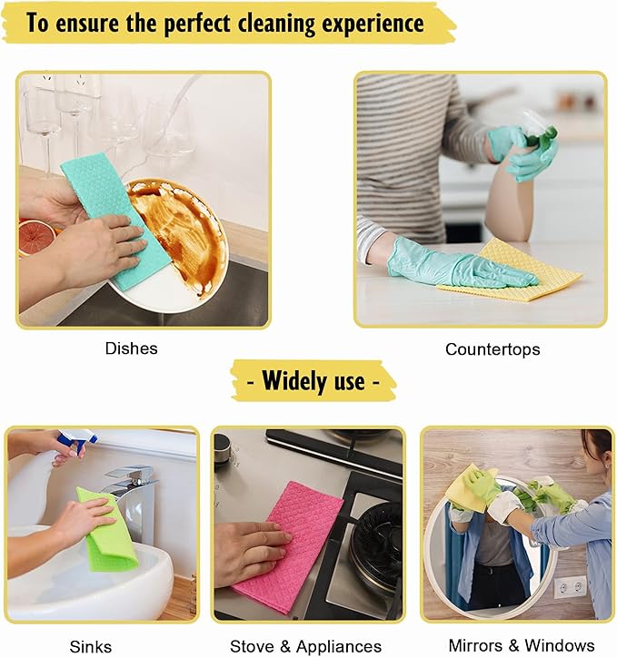 Swedish Dishcloths for Kitchen | 10 Pack Absorbent Cellulose Sponge Cloths Washable | Non-Scratch Reusable Paper Towels Quick Drying Cleaning Rag - Yellow