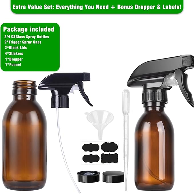 4oz Amber Glass Spray Bottles (2 Pack) - Refillable with Dropper, Funnel & 4 Labels | UV Protection for Essential Oils, Hair Care, Cleaning Solutions