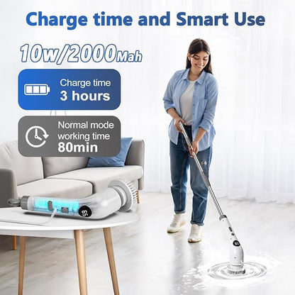qimedo Electric Spin Scrubber with Extended Long Handle, Rechargeable Handheld Electric Scrubber for Cleaning, Cordless Power Dish Scrubber with 7 Brushes for Bathtub Grout Tile Floor