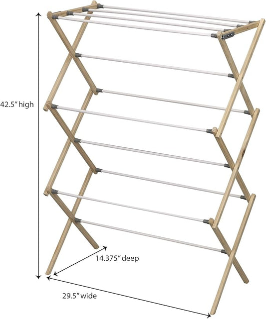 Household Essentials X-Frame Clothes Drying Rack, Stabile Wood Frame with Slanted Feet, Smooth Vinyl Wrapped Rods, 23.8 Feet of Hanging Space, Ready to Assemble, Flat Top, Natural