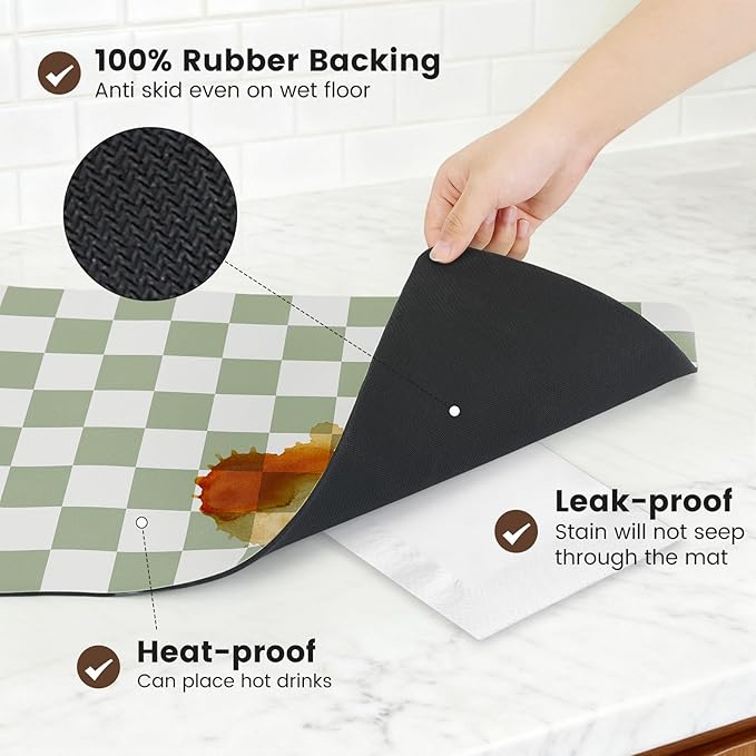 12" x 20" Checkered Dish Drying Mat for Kitchen Counter, Absorbent Coffee Bar Mat for Espresso Machine Coffee Countertops Accessories (Green)