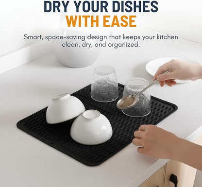 Silicone Dish Drying Mat for Kitchen Counter - Multi-Use 16 x 12 Inch Pad, Non-Slip & Heat-Resistant, Perfect Dish Drainer Mat by Linda’s Essentials, Ideal Kitchen Accessory (Black)
