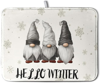 Winter Gnome Dish Drying Mat for Kitchen Counter 18x24 Christmas Snowflakes Santa Kitchen Drying Mat Hello Winter Dish Drainer Mat Super Absorbent Dish Rack Mat for Coffee Bar Countertop