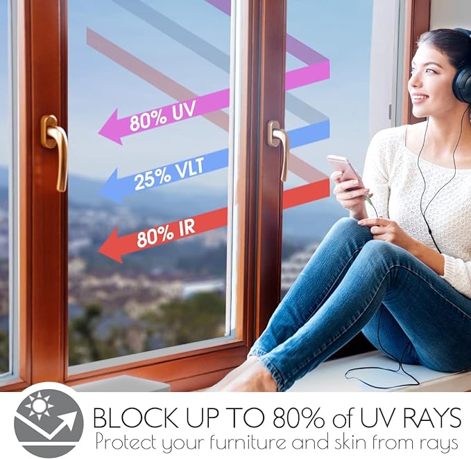 HIDBEA Window Film Daytime Privacy, Heat Control Sun Blocking Anti UV Non-Adhesive Self Static Cling One Way Mirror Window Tint for Home (Silver, 35.4 Inch x 8.2 Feet)