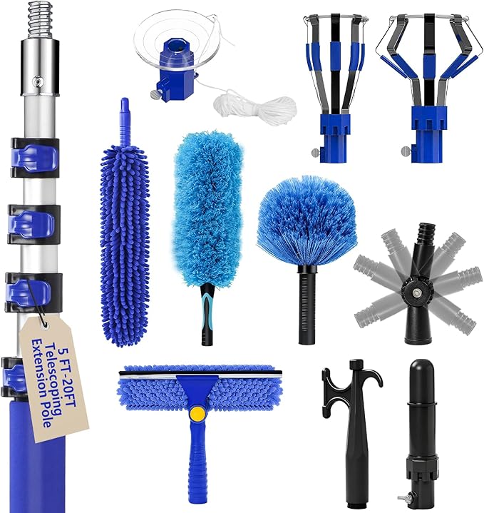 26FT Light Bulb Changer for High Ceilings with 5-20FT Heavy Duty Extension Pole,High Ceiling Fan Duster Extendable Reusable Cobweb,Feather,Window Cleaning Squeegee Kit for Home & House,Interior Roof