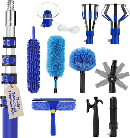 26FT Light Bulb Changer for High Ceilings with 5-20FT Heavy Duty Extension Pole,High Ceiling Fan Duster Extendable Reusable Cobweb,Feather,Window Cleaning Squeegee Kit for Home & House,Interior Roof