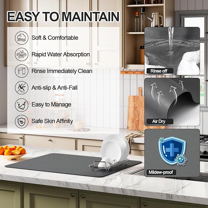Ecotrim - Dish Drying Mat for Kitchen Counter | Coffee Bar Mat for Countertops | Heat Resistant Drainer Mat with Non-slip Rubber Backed | Hide Stain Kitchen Absorbent Draining Mat | Dark Grey 18"x24"