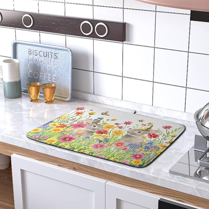 Easter Dish Drying Mat for Kitchen Counter Easter Bunny Flowers Dish Drying Pad Spring Rabbit Floral Dishes Drainer Mats Absorbent Microfiber Kitchen Countertop Protector Drying Mats 18x24 in