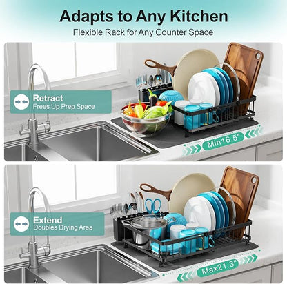 GSlife Family Size Large Capacity Expandable Dish Drying Rack with Absorbent Mat, Rust Resistant Dish Drainer for Plates Bowls Pots and Pans, 16.5"-21.3" L x 14.7" W, Black