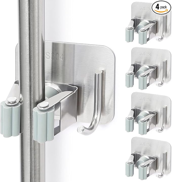 Stainless Steel Broom Holder, Self-Adhesive, 4 Gripper Positions, 4 Hooks, Light and Durable, Easy Installation, Ideal for Organizing Household Items