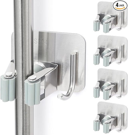 Stainless Steel Broom Holder, Self-Adhesive, 4 Gripper Positions, 4 Hooks, Light and Durable, Easy Installation, Ideal for Organizing Household Items