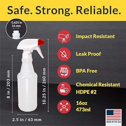 Pinnacle Mercantile Plastic Spray Bottles Leak Proof Technology Empty 16 oz Value Pack of 64 Made In USA