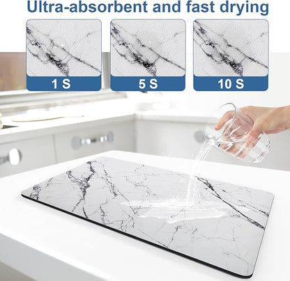 CooRug Marble Pattern Dish Drying Mat, Absorbent Coffee Bar Mat for Kitchen Counter, Non-slip Pad with Rubber Backed, Washable and Easy to Clean 12" x 20" Dark Marble