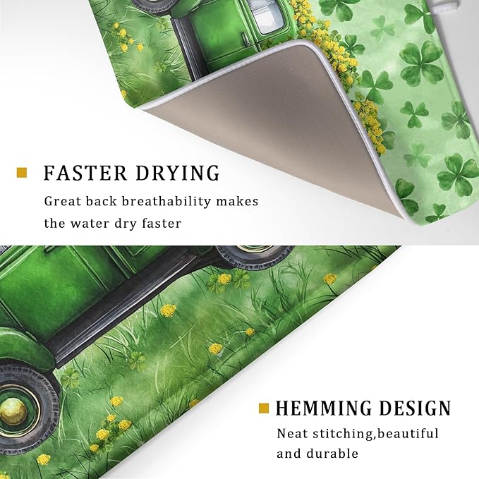 Green Holiday Dish Drying Mat Lucky Clover Truck Drying Mat for Kitchen Counter 18 X 24
