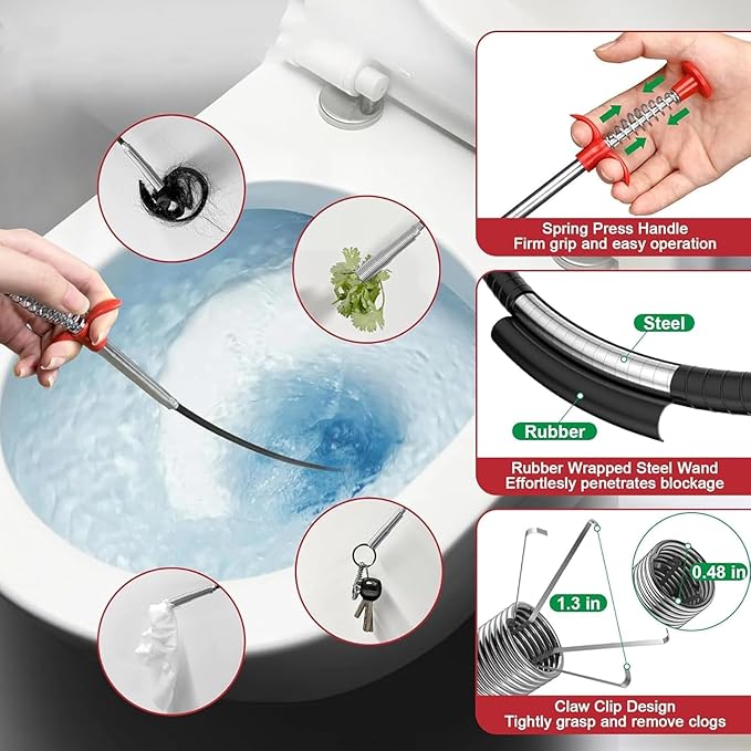 118" Flexible Grabber Claw Pick Up Reacher Tool, Drain Snake Hair Drain Clog Remover Tool with 4 Claws Bendable Hose for Litter Pick, Home and Kitchen Sink, Drains, Toilet