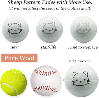 Dryer Balls Laundry Reusable, XL Wool Dryer Balls Cute Cat Face 6 Pack, Fabric Softener Ball, Extra Large Dryer Balls with Cat Pattern, Shorten Drying Time, Organic Wool - Dry 1000+ Loads