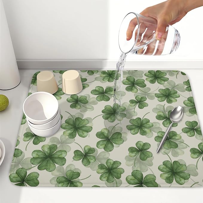 St Patrick's Day Green Clover Dish Drying Mat for Kitchen Counter Spring Holiday Watercolor Lucky Shamrock Drying Mat 16x18 Inch Absorbent Dish Drainer Mat Kitchen Accessories
