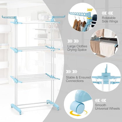 Tangkula 4-Tier Foldable Clothes Drying Rack, Oversized Drying Rack w/Lockable Wheels & Rust-Proof Metal Frame, Indoor Outdoor Large Drying Hanger w/Adjustable Gullwings, Movable Laundry Hanger