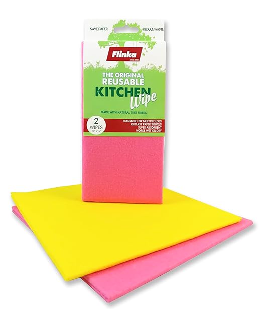 Flinka Kitchen Wipes 2 Count Pack - Large (16 in. x 15 in.) Reusable Cleaning Cloth - Washable Paper Towels - Eco Friendly Viscose Cloths - Assorted Variety of Colors