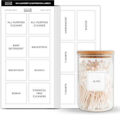 Bathroom Laundry Labels for Jars - 164 Closet Laundry Stickers, Cleaning Labels for Jars Spray Bottles, Bedroom Closet Household Laundry Organization