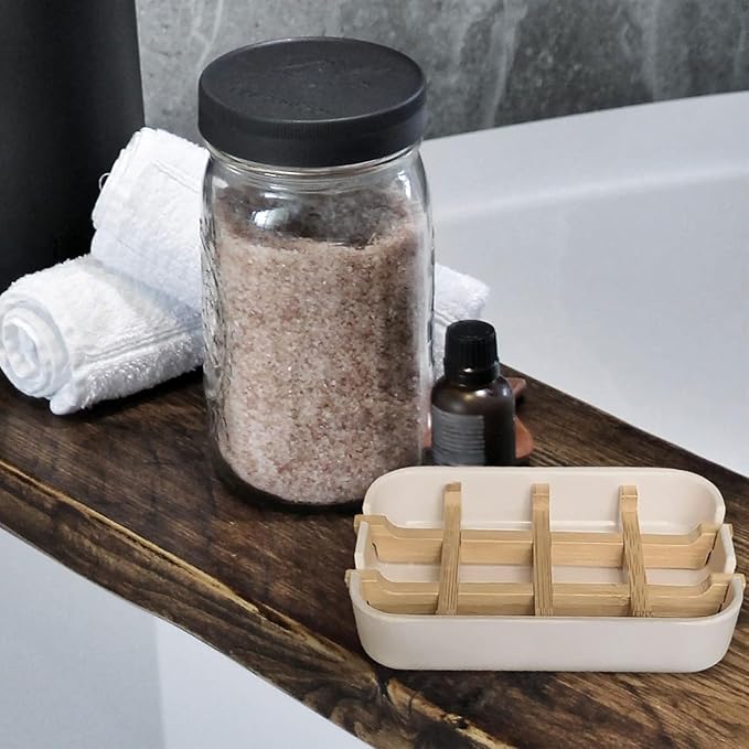 Aoheuo Modern Bamboo Fiber soap Holder and soap Dish Combination (Removable),5.12 Long by 3 Wide, 0.98 inches high, Used in Kitchens, bathrooms, and bar Sinks (Off White(3 Pack))