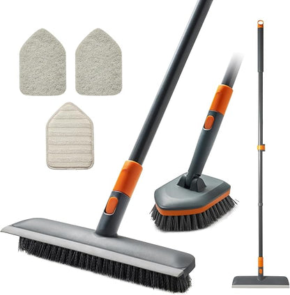 Floor Scrub Brush Tile Tub Scrubber Brush with 4 Different Cleaning Heads, Shower Brush with 56” Extendable Long Handle, Scrubbers for Cleaning Kitchen, Bathroom, Tub, Tile, Wall