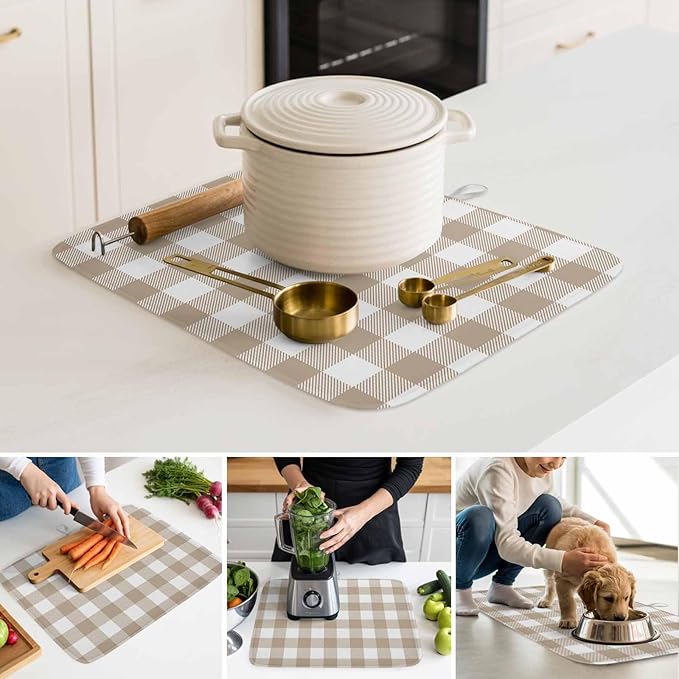 Dish Drying Mat Khaki Buffalo Check Plaid Drying Mats for Kitchen Counter Farmhouse Style Absorbent Microfiber Dish Drainer Quick Drying Coffee Mat with Hanging Loop, 16 x18 inch