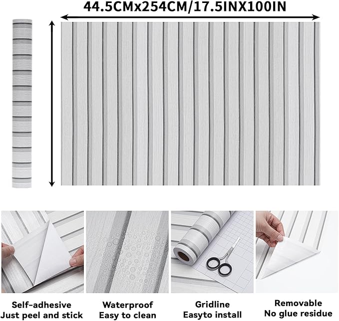 Peel and Stick Wood Slat Wall Panels - 17.5" x 100" Off-White Self-Adhesive Wallpaper, DIY Accent Wall Covering for Bedroom, Living Room, Rental-Friendly Easy Install Removable Decor