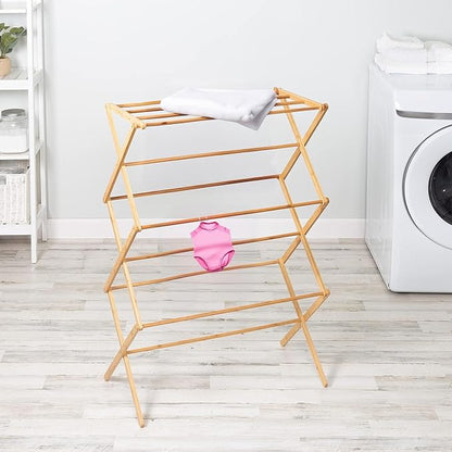 Collapsible Bamboo Drying Rack – Foldable Laundry Drying Stand for Indoor/Outdoor Use – Space-Saving Clothes Rack for Towels, Blankets & Delicates